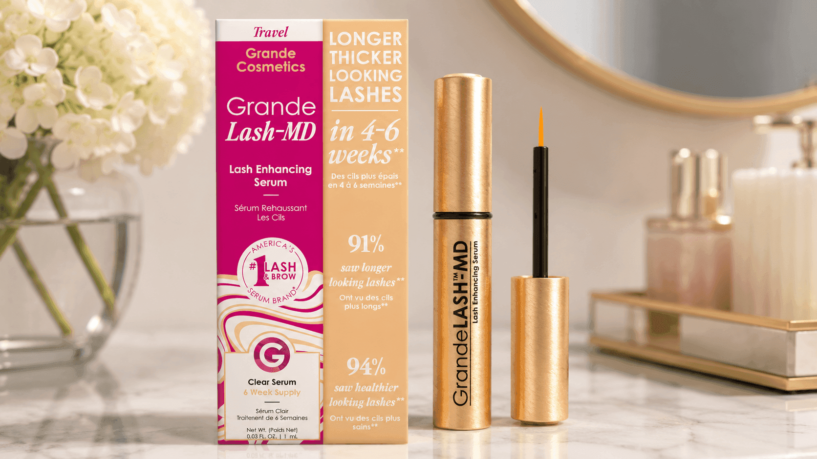 Grande Cosmetics GrandeLASH-MD Lash Enhancing Serum tube with precision applicator on white background