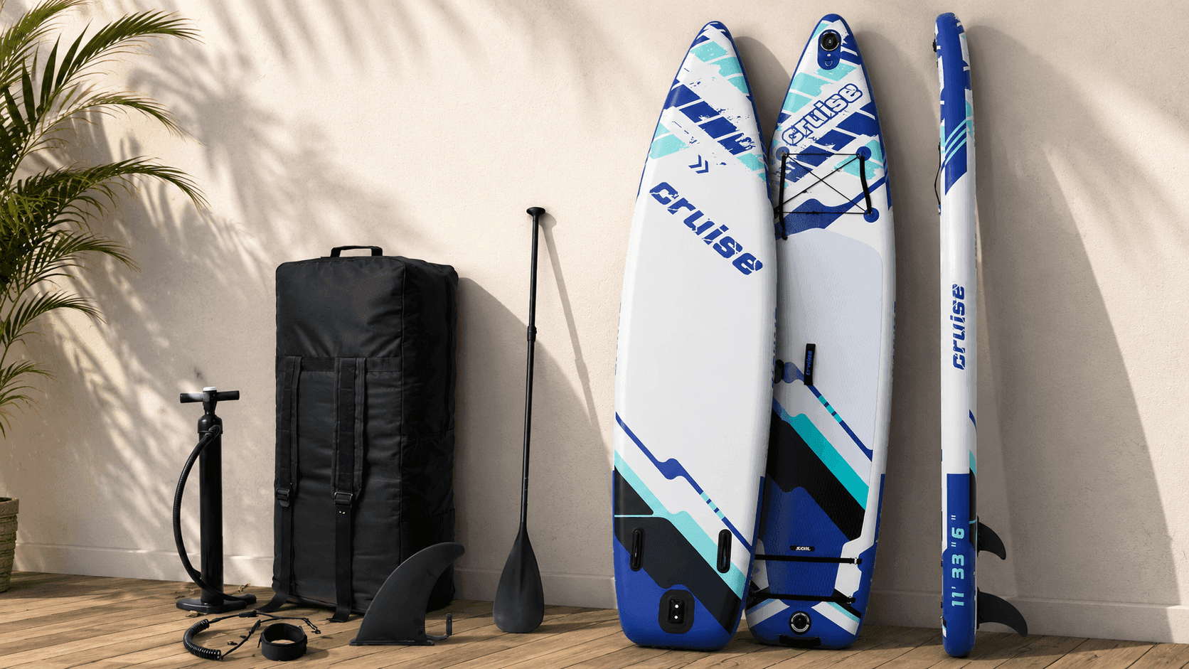 Amazon Basics Inflatable Stand Up Paddleboard inflated on calm lake water during outdoor recreational paddling adventure.