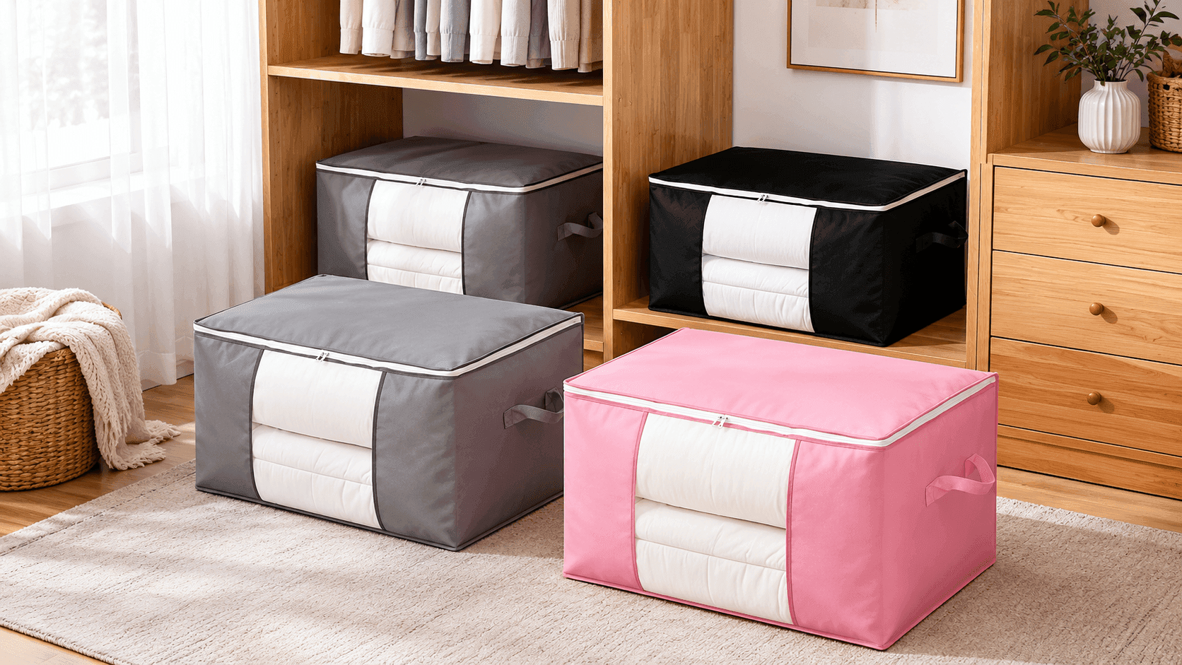 Large storage bag for comforters and blankets with reinforced handles and clear window in bedroom closet storage setup