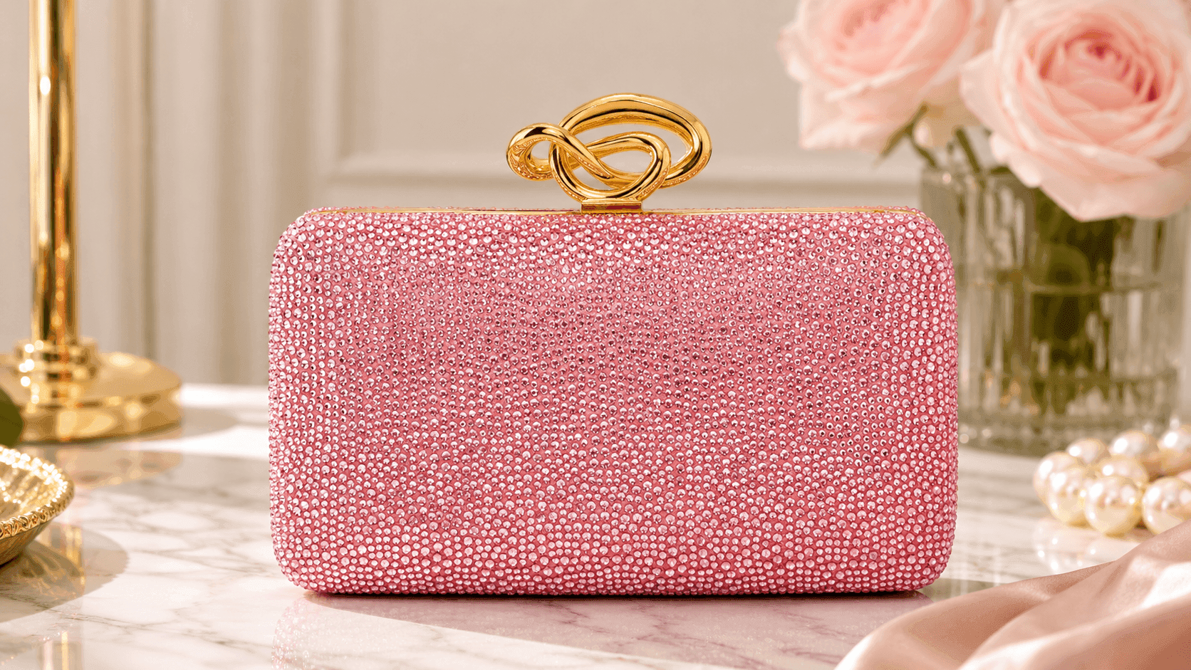 Elegant Oscar de la Renta Crystal Pavé Knot Minaudière with sparkling pavé crystals and satin finish at formal evening event