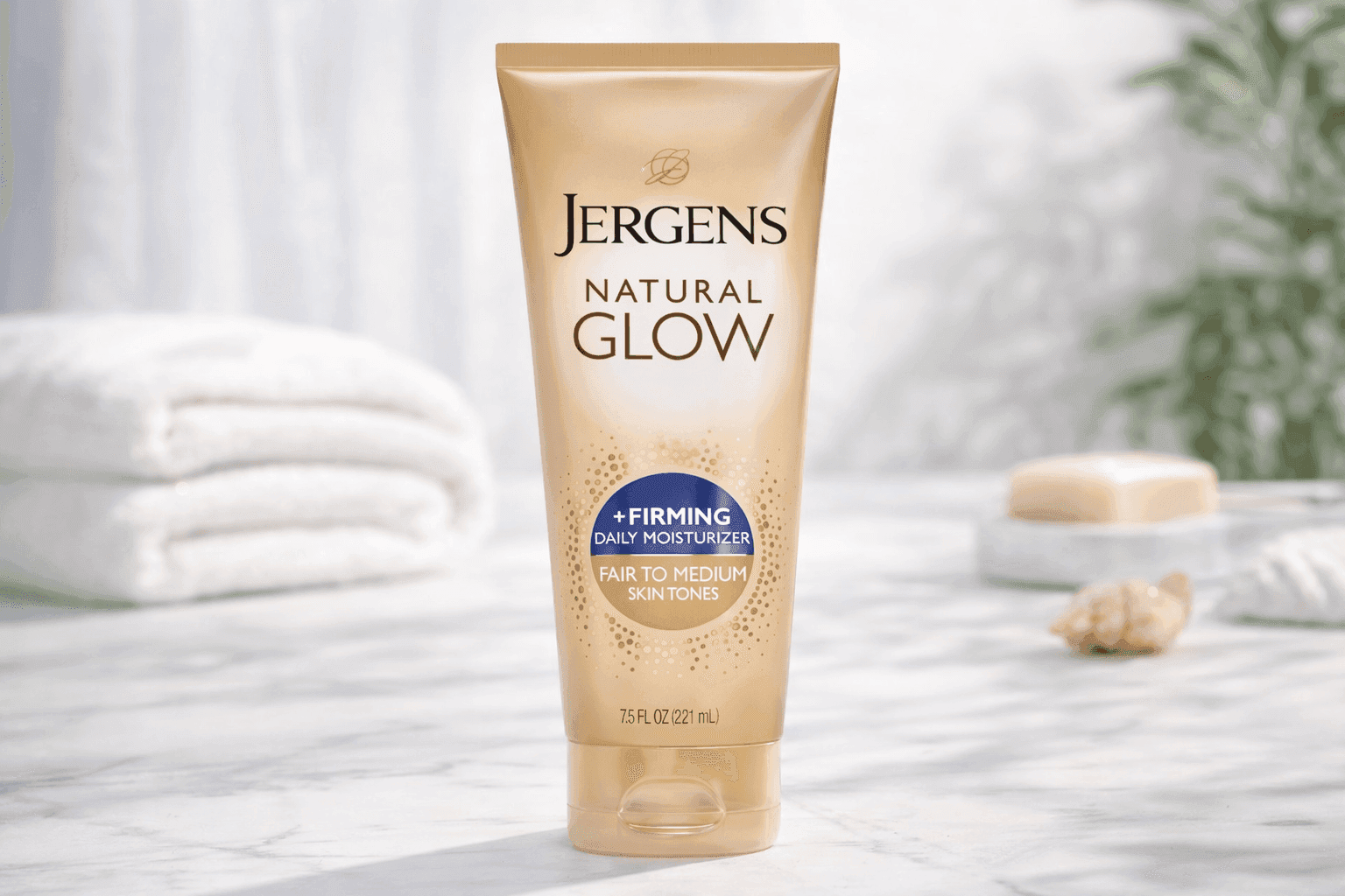 Jergens Natural Glow self tanning lotion with firming formula displayed on bathroom counter