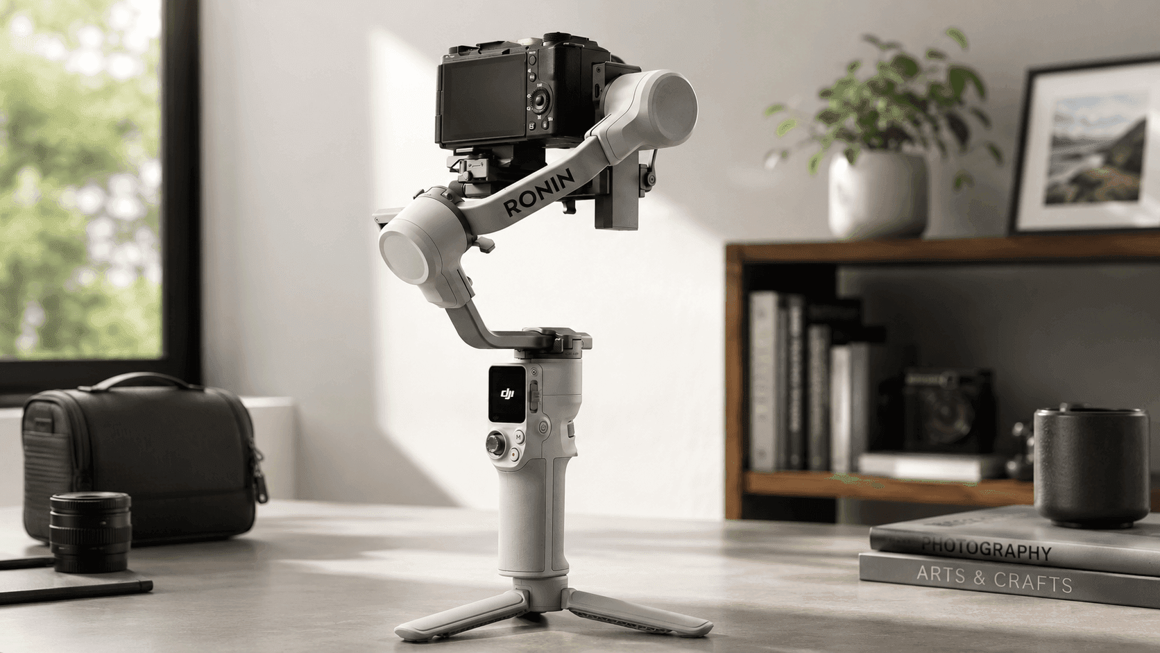 DJI RS 4 Mini gimbal stabilizing a mirrorless camera during outdoor video filming
