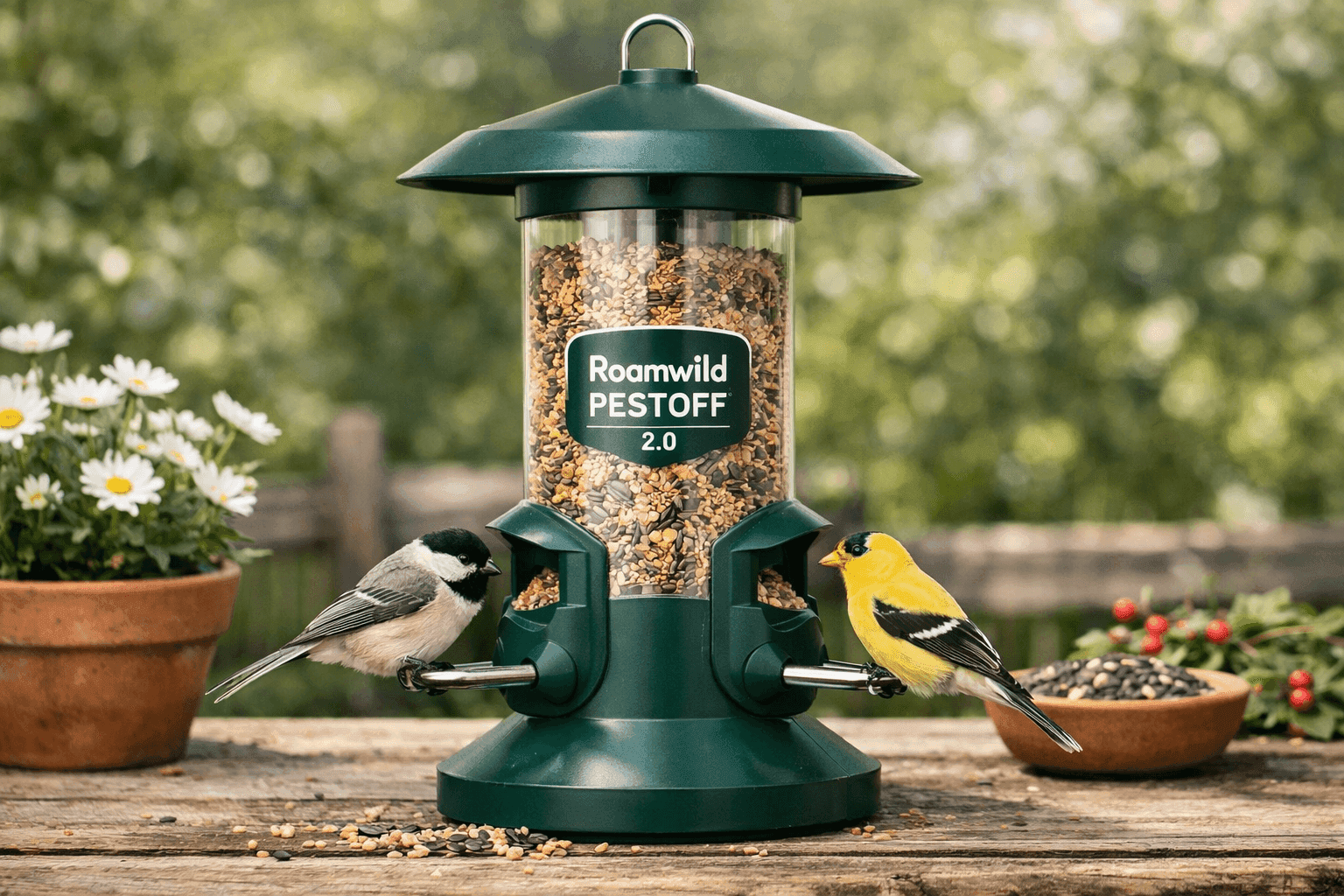 Roamwild PestOff 2.0 Wild Bird Feeder hanging outdoors with birds feeding