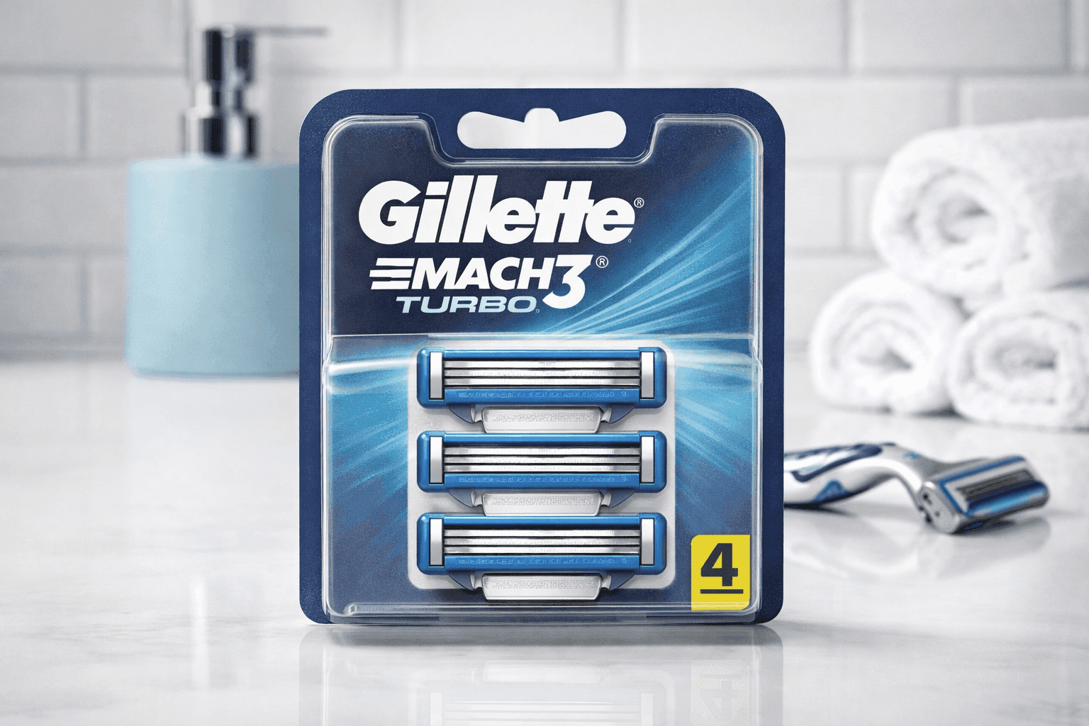 Gillette Mach3 Turbo Mens Razor Blade Refills close-up with triple blades